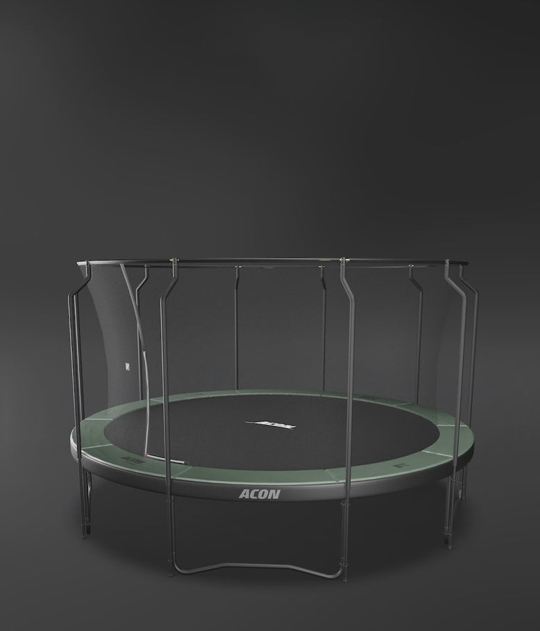 Trampoline rond Acon avec filets de sécurité Premium et Standard dans une vidéo en diaporama. Trampoline extérieur sécurisé – idéal pour les familles et les sauts dynamiques.