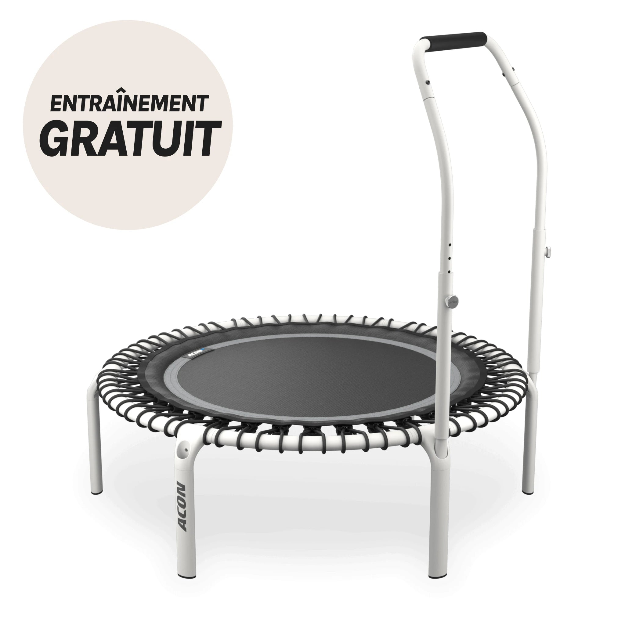 Trampoline Acon FIT rond blanc avec poignée Active. Cercle beige avec le texte « Entraînement gratuit ».