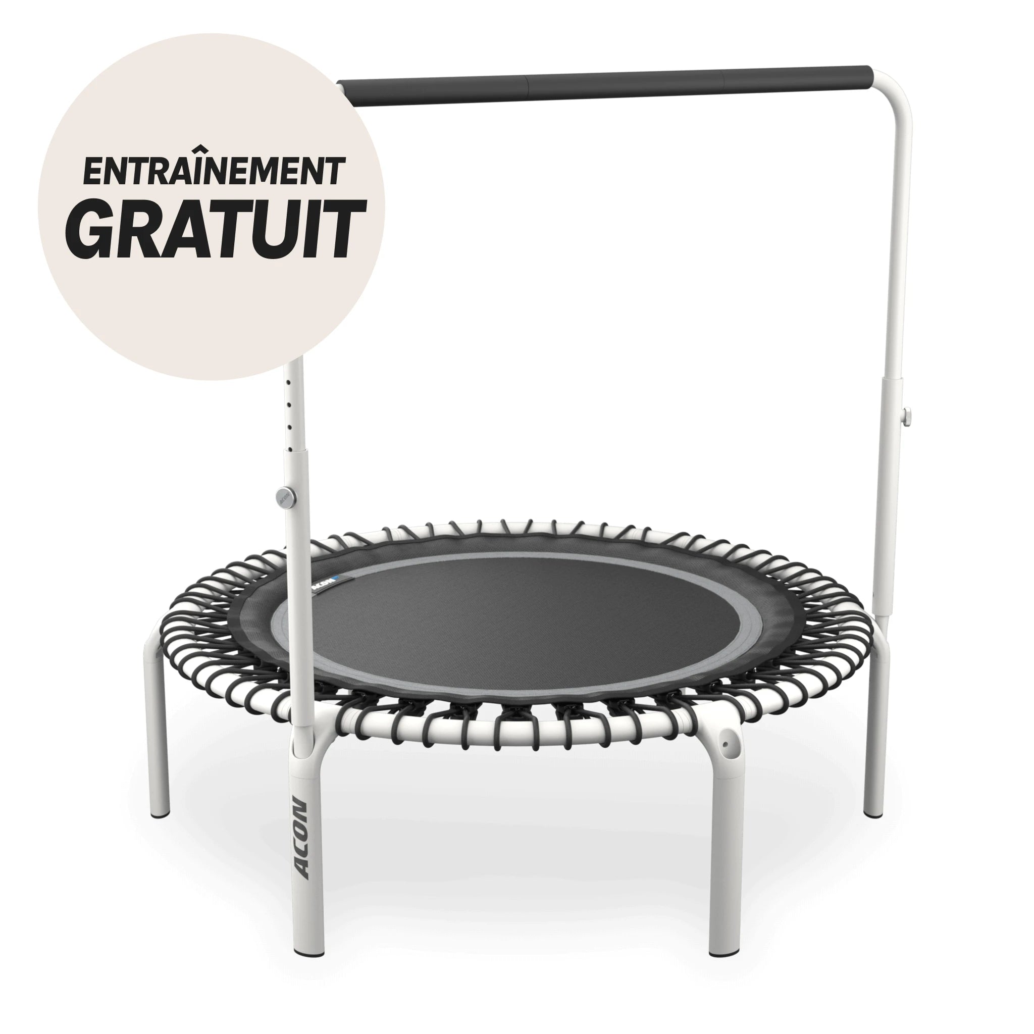 Trampoline Acon FIT rond blanc avec poignée Balance. Cercle beige avec le texte « Entraînement gratuit ».
