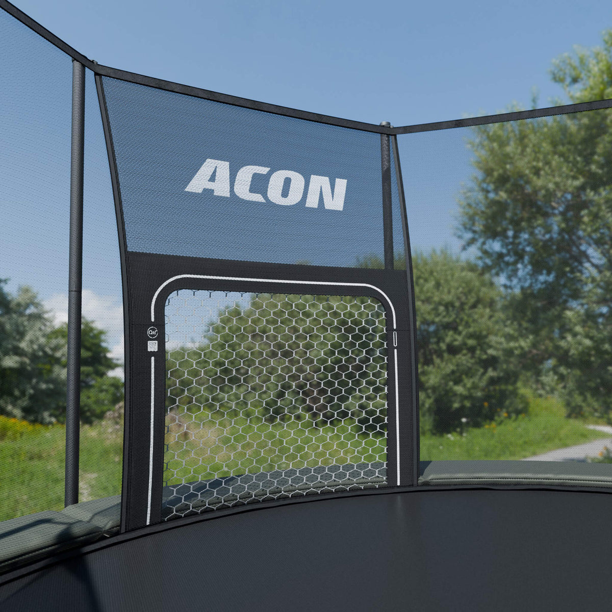 ACON Air but de football ACON Air pour trampolines ronds ACON Air monté sur un trampoline rond ACON Air en extérieur.