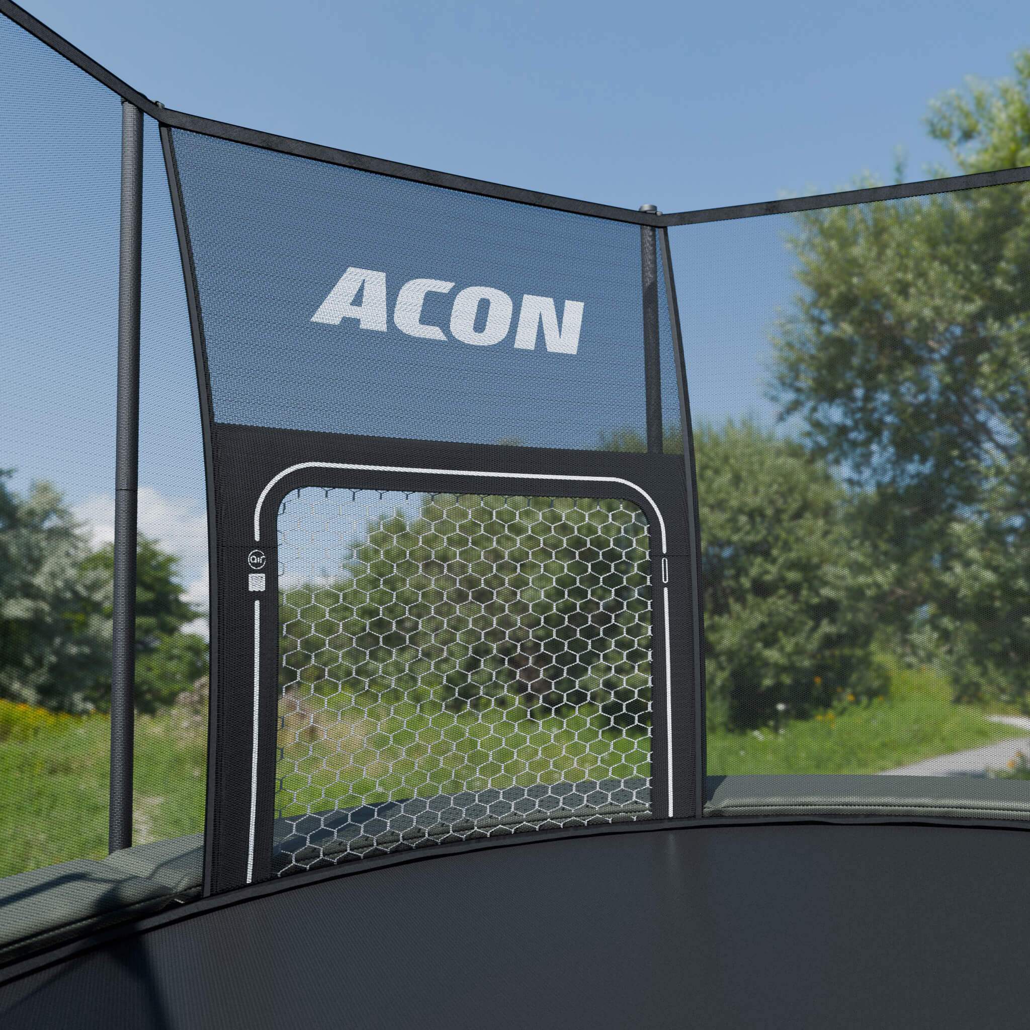 ACON Air but de football ACON Air pour trampolines ronds ACON Air monté sur un trampoline rond ACON Air en extérieur.