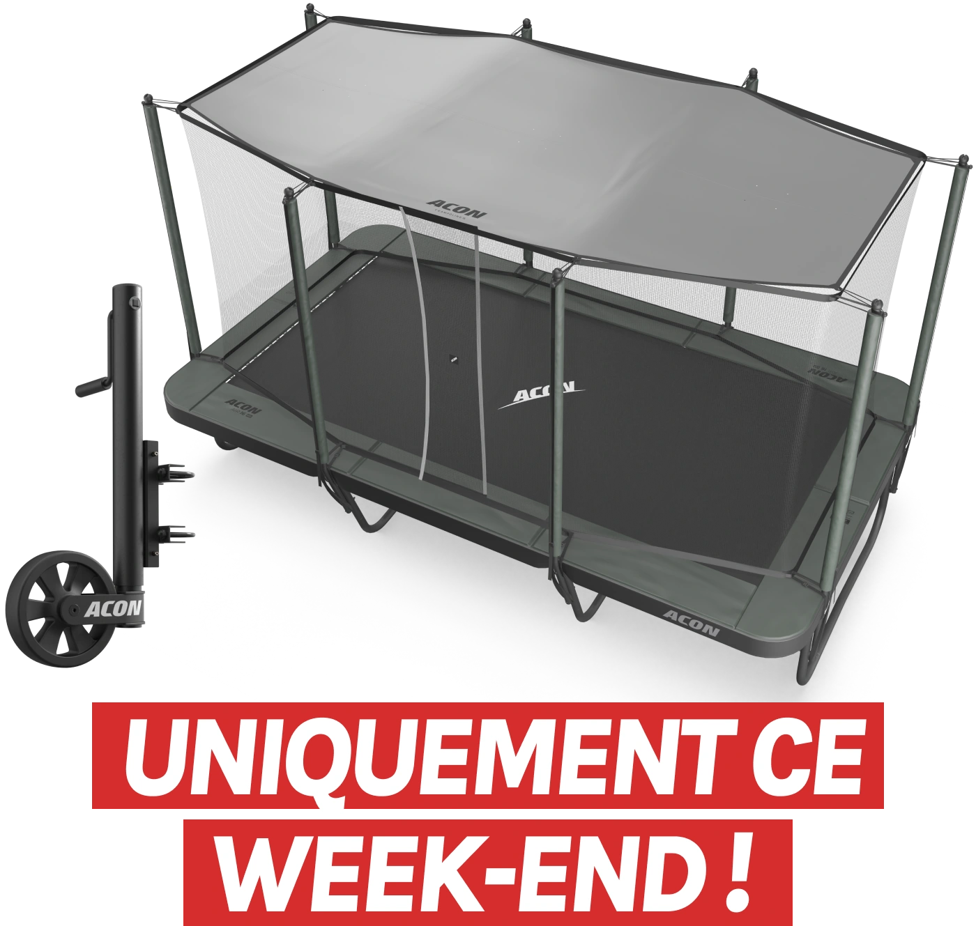 Recevez une protection solaire gratuite pour l’achat d’un trampoline 16 HD et profitez des roues de trampoline à seulement 399 € ! 