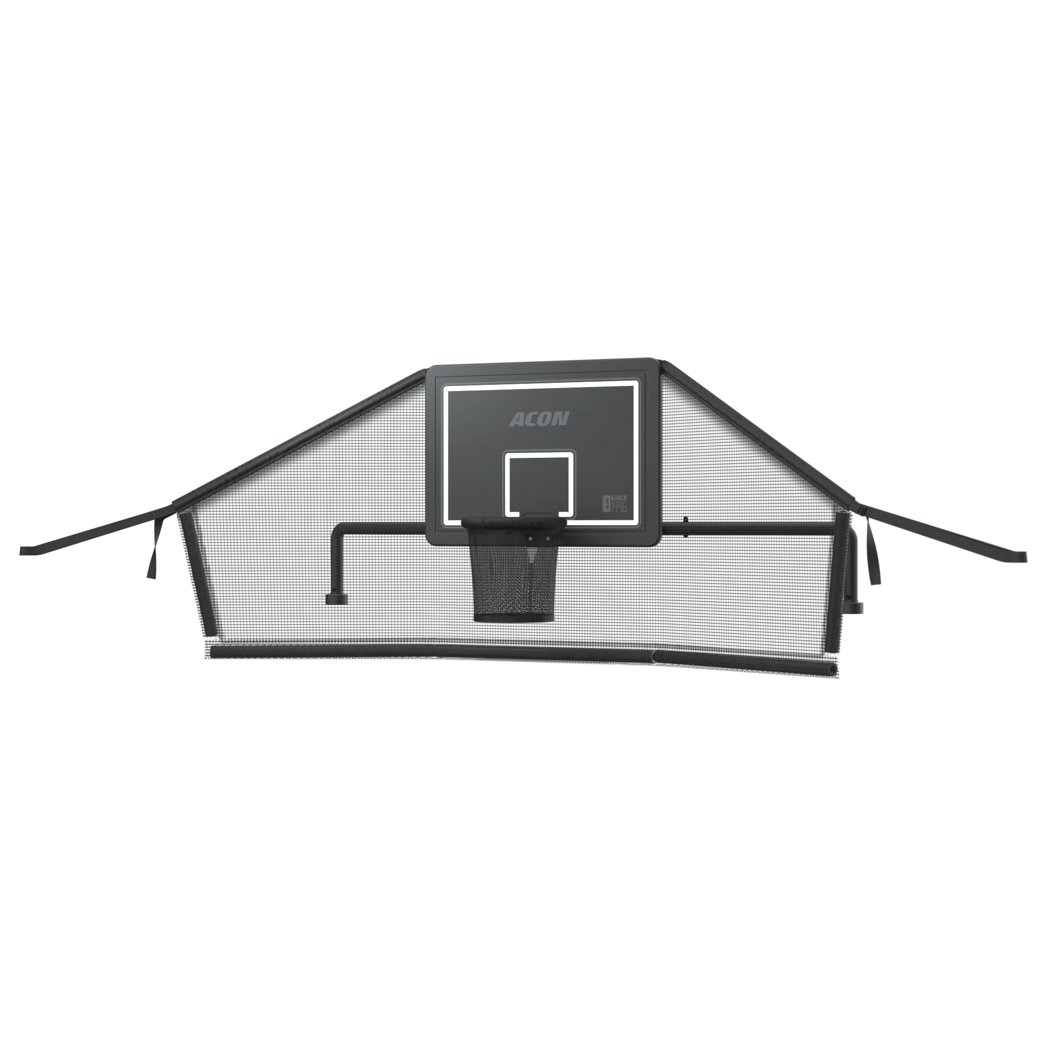 Image produit du panier Acon pour trampolines rectangulaires et de son filet arrière, sur fond blanc.