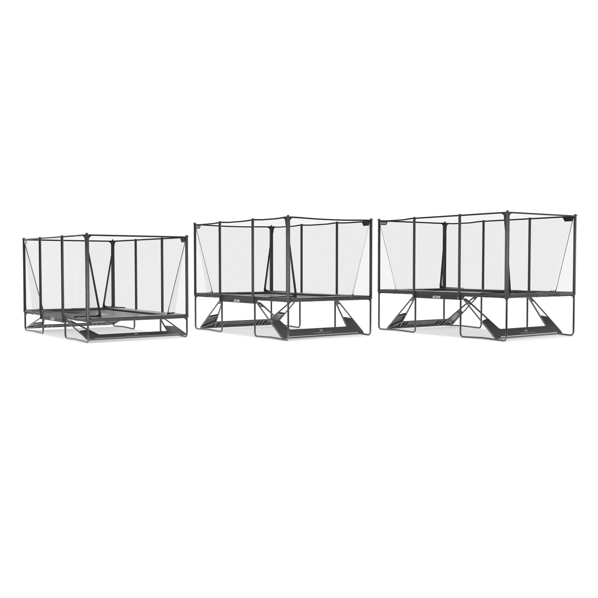 Trois trampolines Acon X installés à des hauteurs différentes avec le Kit de hauteur personnalisée.