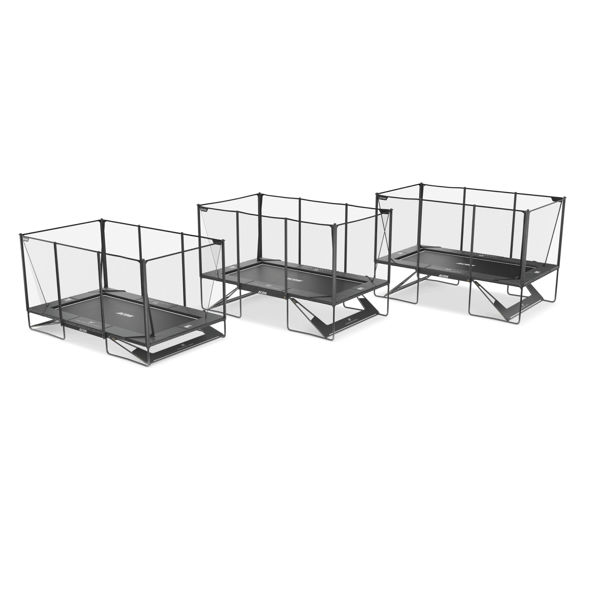 Trois trampolines Acon X installés à différentes hauteurs avec le Kit de hauteur personnalisée, vus d'en haut.