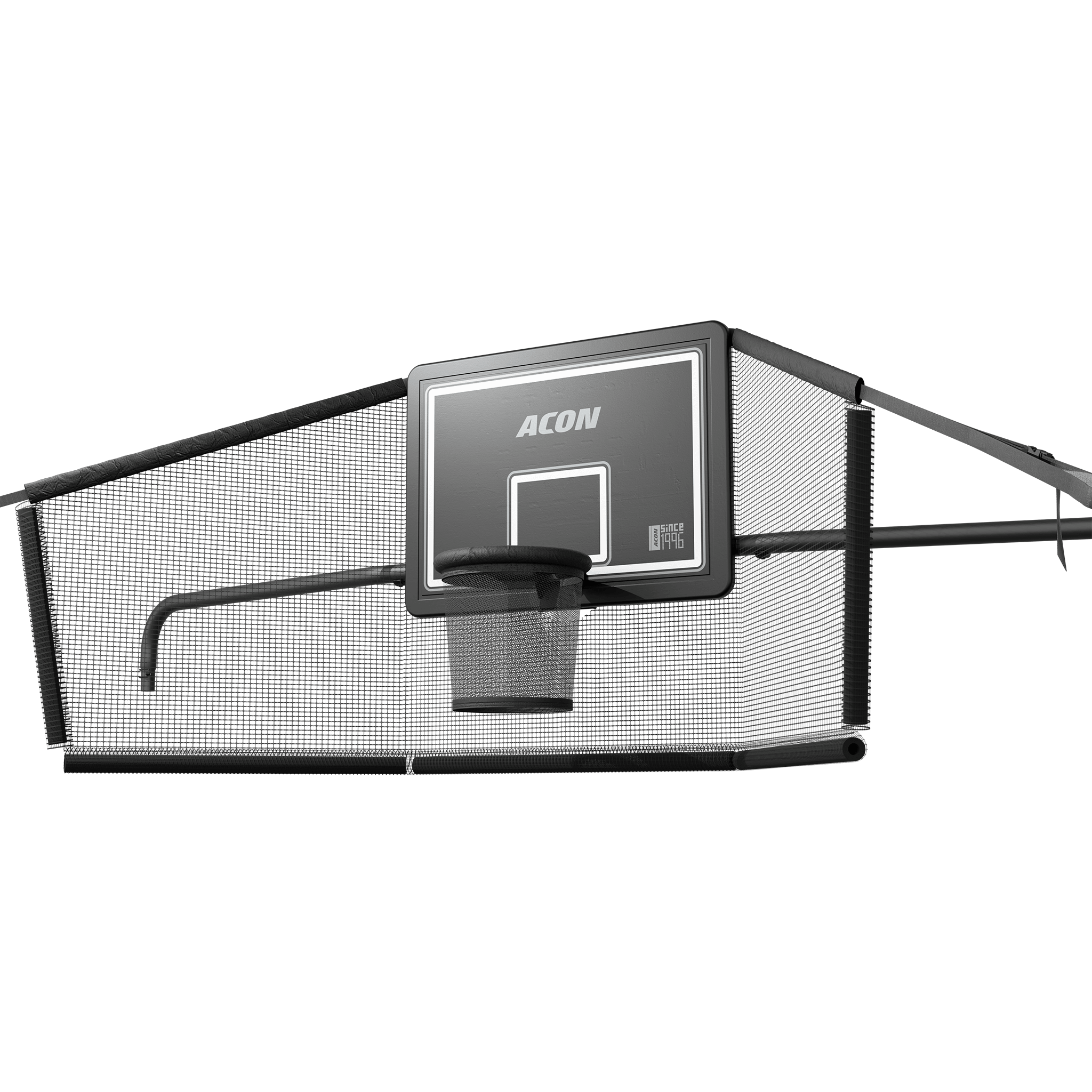 Panier de basket-ball ACON X avec filet arrière pour trampoline rectangulaire de 17 pieds.